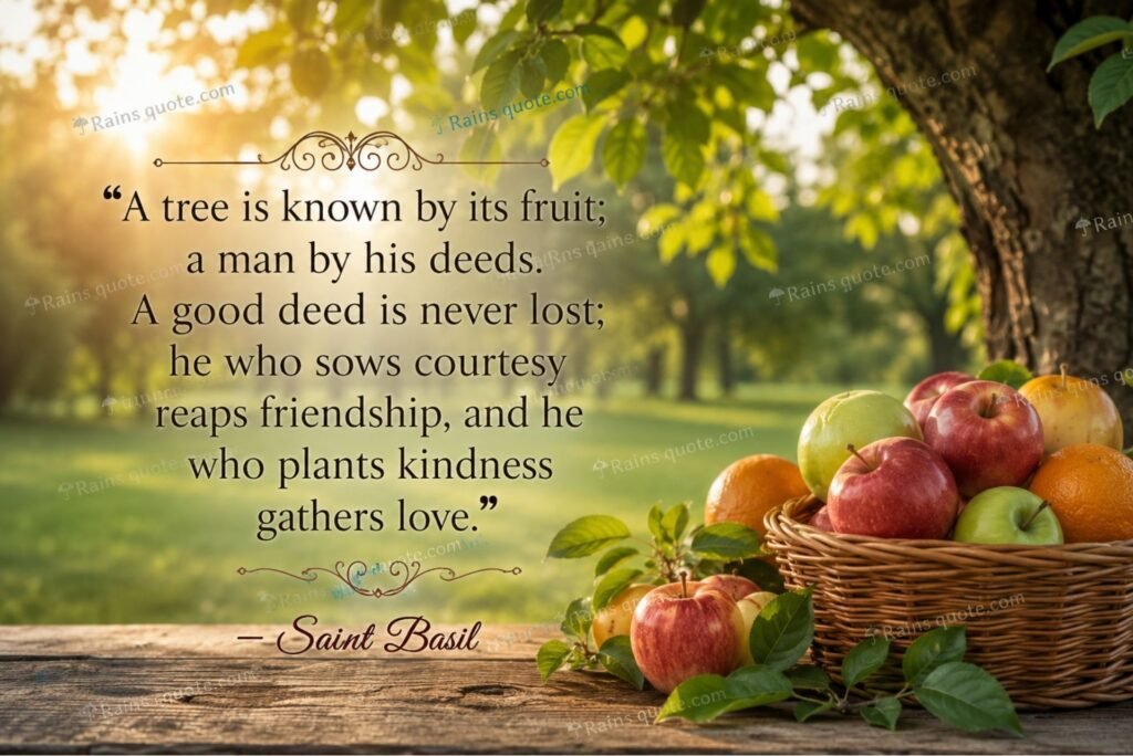 “A tree is known by its fruit; a man by his deeds. A good deed is never lost; he who sows courtesy reaps friendship, and he who plants kindness gathers love.”