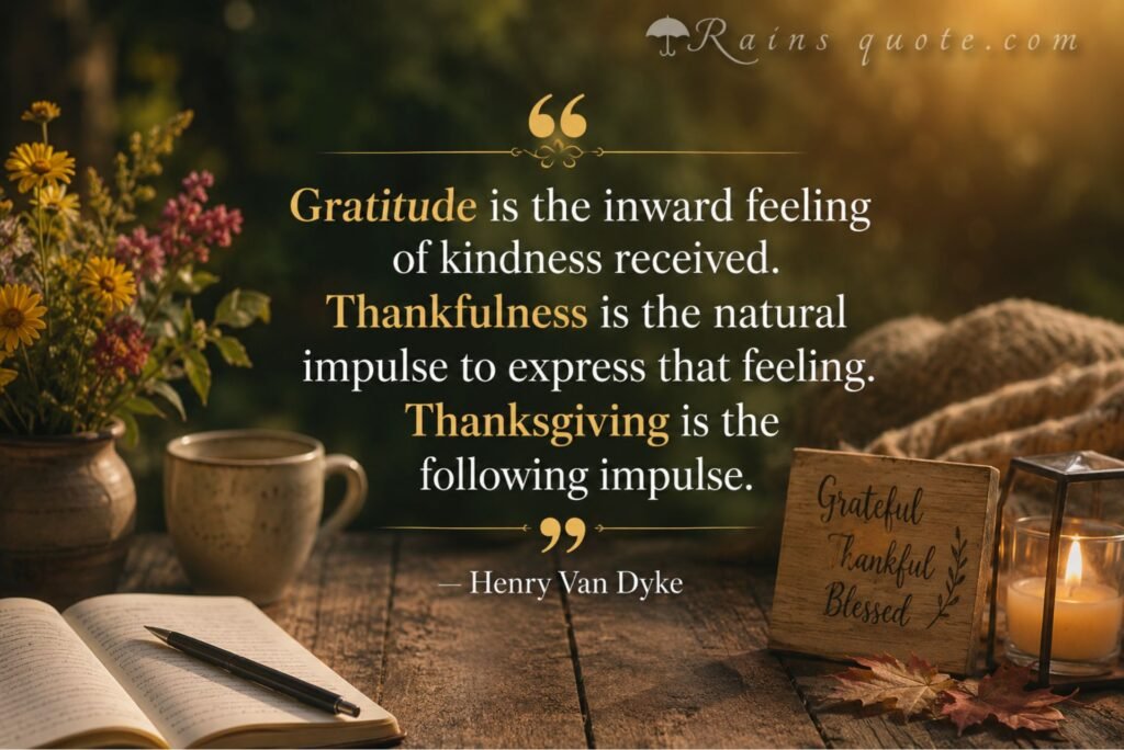 “Gratitude is the inward feeling of kindness received. Thankfulness is the natural impulse to express that feeling. Thanksgiving is the following impulse.”