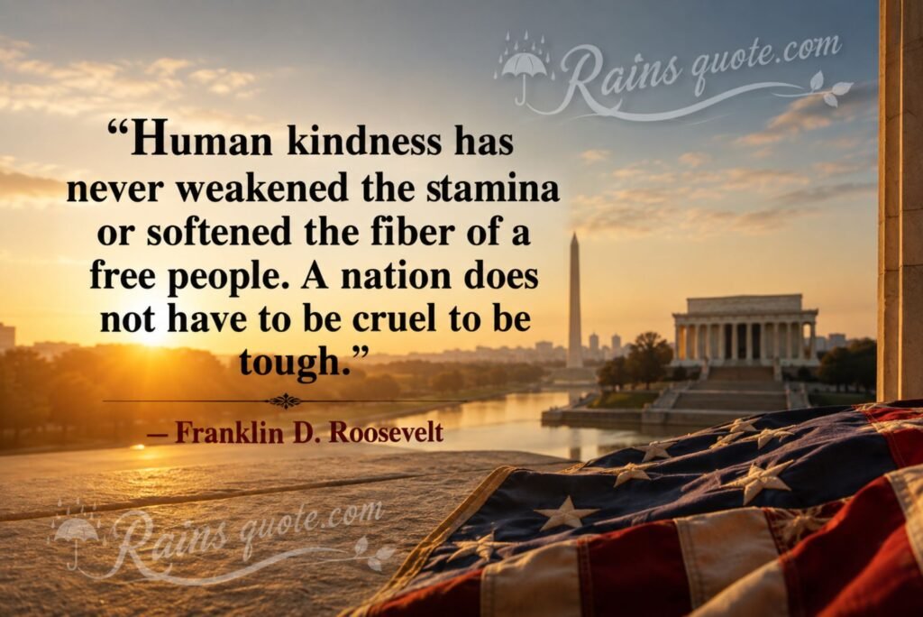 “Human kindness has never weakened the stamina or softened the fiber of a free people. A nation does not have to be cruel to be tough.”