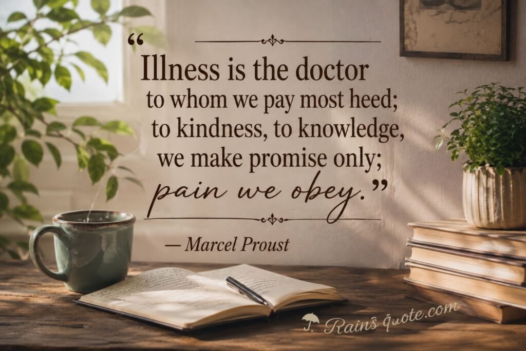 “Illness is the doctor to whom we pay most heed; to kindness, to knowledge, we make promise only; pain we obey.”