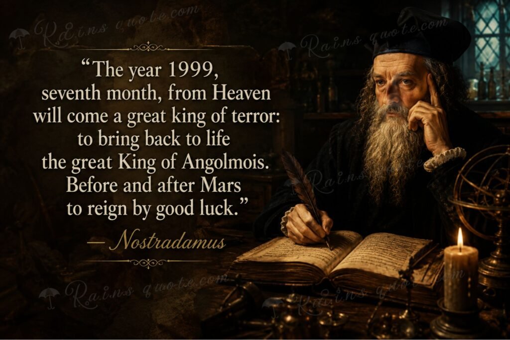 “The year 1999, seventh month, from Heaven will come a great king of terror: to bring back to life the great King of Angolmois. Before and after Mars to reign by good luck.”