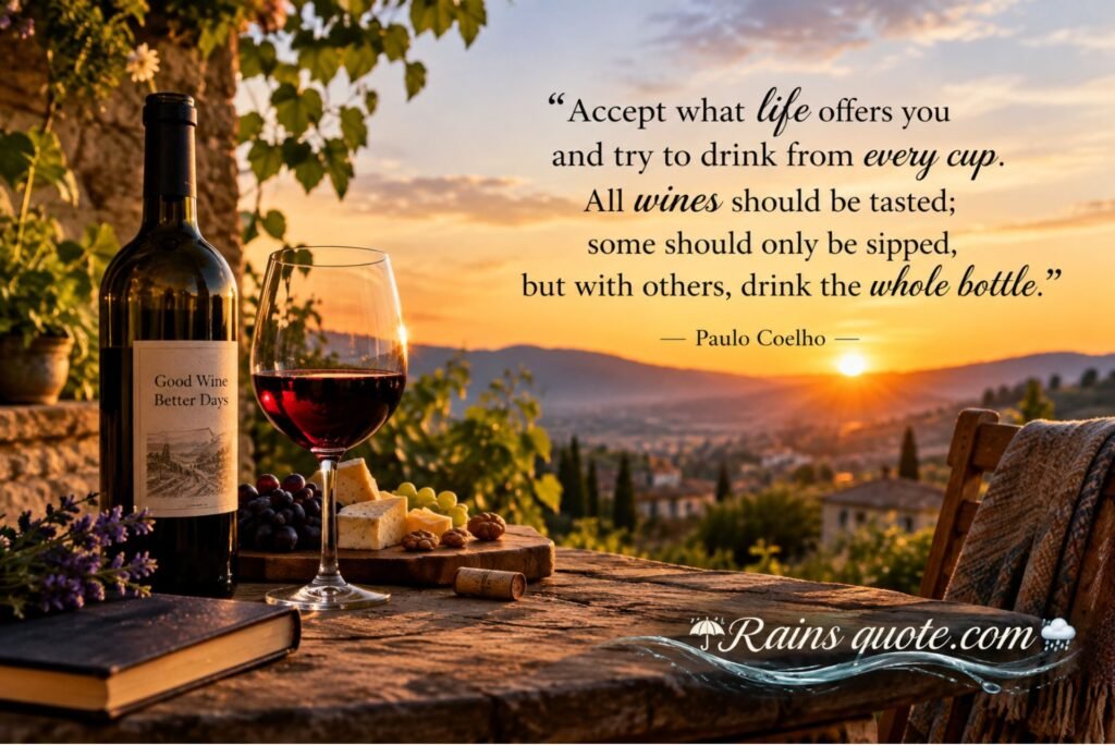 “Accept what life offers you and try to drink from every cup. All wines should be tasted; some should only be sipped, but with others, drink the whole bottle.”