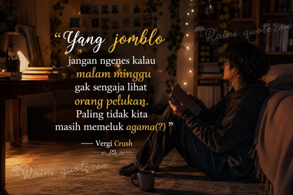 “Yang jomblo jangan ngenes kalau malam minggu gak sengaja lihat orang pelukan. Paling tidak kita masih memeluk agama(?)”