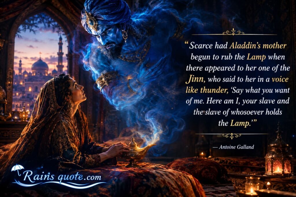 “Scarce had Aladdin’s mother begun to rub the Lamp when there appeared to her one of the Jinn, who said to her in a voice like thunder, ‘Say what you want of me. Here am I, your slave and the slave of whosoever holds the Lamp.’”
