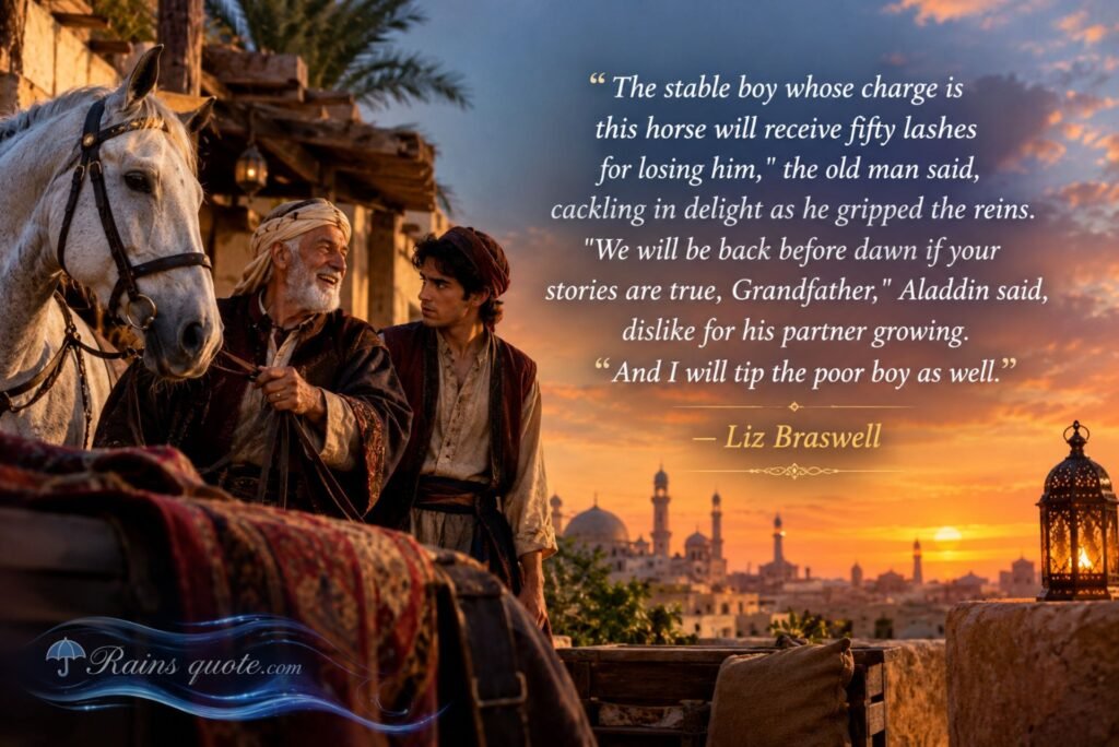 “The stable boy whose charge is this horse will receive fifty lashes for losing him," the old man said, cackling in delight as he gripped the reins. "We will be back before dawn if your stories are true, Grandfather," Aladdin said, dislike for his partner growing. "And I will tip the poor boy as well.” 
