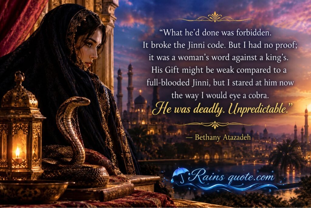 “What he’d done was forbidden. It broke the Jinni code. But I had no proof; it was a woman’s word against a king’s. His Gift might be weak compared to a full-blooded Jinni, but I stared at him now the way I would eye a cobra. He was deadly. Unpredictable.”